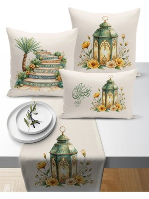 Bertille Home Ramazan Bohem  Serisi 3'lü Kırlent + 1 Runner Set Dijital Baskılı (Ramadan Set)