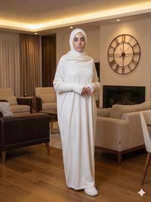 Lurji Pratik Beyaz Namaz Elbisesi - Tek Parça Kendinden Örtülü, Pamuklu Penye, Hac & Umre Uygun