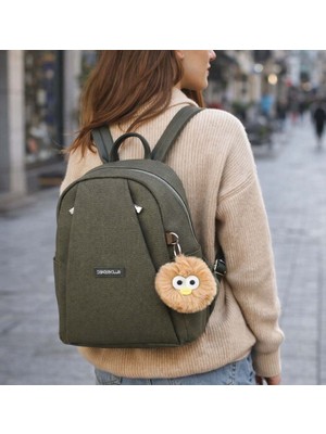 Ponpon Peluş Hediyeli Haki Renk Kadın Lüks Çok Bölmeli Sırt Çantası