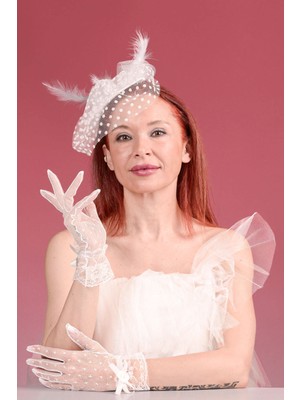 Sed da Exclusive Kırıkbeyaz  Puanlı  Gelin Kepi,  Nikah  Şapkası  ve  Puanlı  Gelin Eldiveni   Kombin  Set