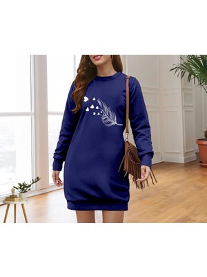 Stores36 Kadın Uzun Kollu Bisiklet Yaka Desenli Viskon Iki Iplik Elbise