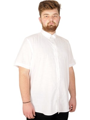 ModeXL Büyük Beden Erkek Keten Likralı Kısa Kol Gömlek 20393 Düz Desenli Beyaz