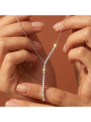 Valmont Accessories Kadın Y Model Taşlı Kolye Gümüş Renk Zarif Işıltılı Tasarım 40+2 cm