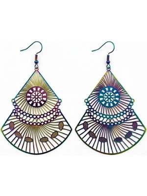 Fm Kolleksiyon Gökkuşağı Renkli Büyük Damla Çelik Küpe - Lazer Kesim Etnik Desenli Gösterişli Halka Küpe - Paslanmaz Çelikten Mandala Desenli Büyük Boy 6 cm Küpe - Çok Renkli