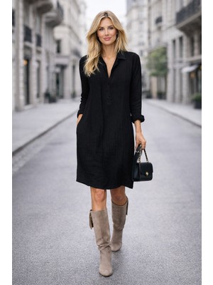 Sacrosa Günlük Rahat Baharlık Salaş Gömlek Yaka Elbise