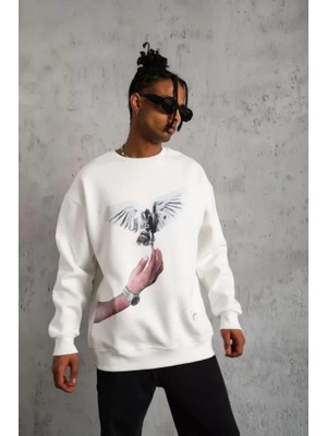 Stores36 Erkek Güvercin Baskılı Sweatshirt - Beyaz