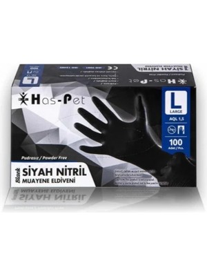 Has-Pet Siyah Nitril Muayene Eldiveni 100’lü Large (L) Dayanıklı Pudrasız Düz Tasarım