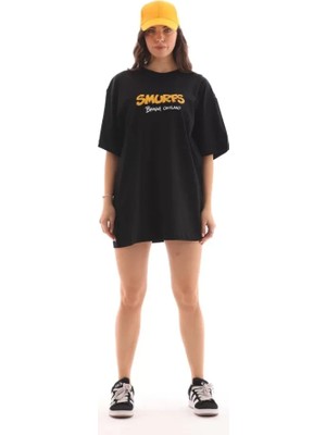 Stores36 Unisex Bisiklet Yaka Baskılı Oversize T-Shirt - Siyah