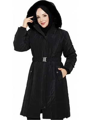 Eslemnur Nova Kumaş Kadın Şişme Mont Siyah Uzun Kol Kapitone Düz Yaka 100 cm Kalın Model