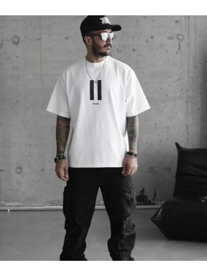 Stores36 Unisex Bisiklet Yaka Baskılı Oversize T-Shirt - Beyaz