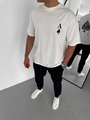 Stores36 Unisex Bisiklet Yaka Baskılı Oversize T-Shirt - Beyaz