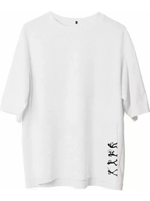 Stores36 Unisex Bisiklet Yaka Baskılı Oversize T-Shirt - Beyaz