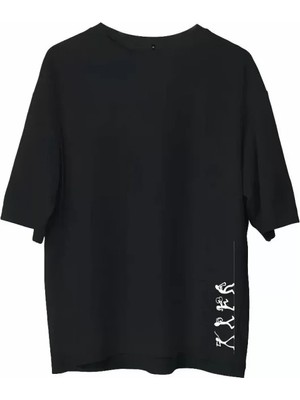 Stores36 Unisex Bisiklet Yaka Baskılı Oversize T-Shirt - Siyah