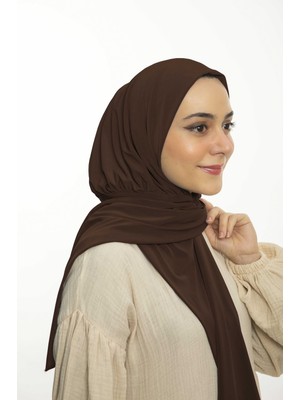 Loggia Hazır Pratik Penye Çıtçıtlı Şal - Geçmeli Geçme Tesettür Kadın Shawl Kahverengi