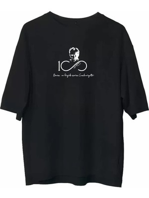 Stores36 Unisex Bisiklet Yaka Baskılı Oversize T-Shirt - Siyah