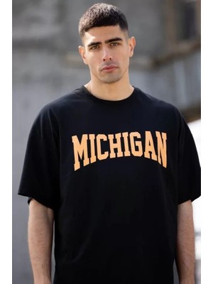 Stores36 Unisex Bisiklet Yaka Baskılı Oversize T-Shirt - Siyah