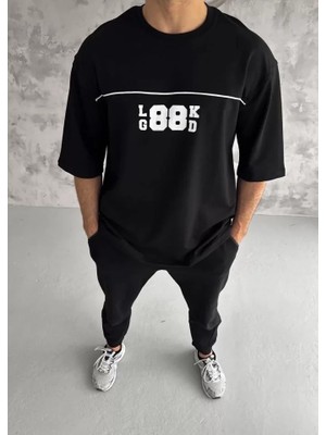 Stores36 Unisex Bisiklet Yaka Baskılı Oversize T-Shirt - Siyah