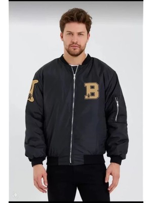 Stores36 Unisex Uzun Kol Baskılı Bomber Ceket - Siyah