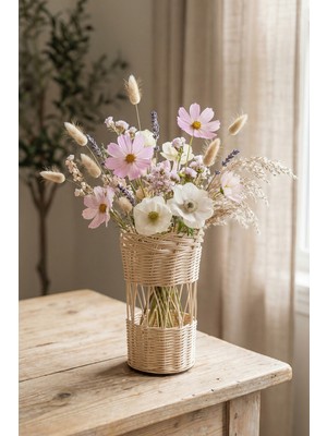 AkanArt Studio Büyük Rattan Hasır Kaplı Geniş Ağızlı Vazo – Kuru Çiçek Vazosu Boho Tarz