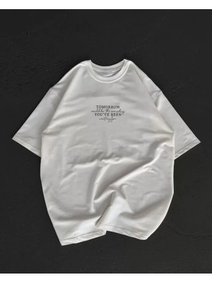 Stores36 Unisex Bisiklet Yaka Baskılı Oversize T-Shirt - Beyaz