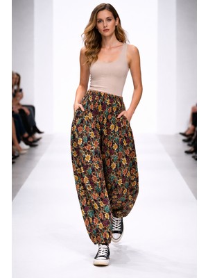 Hoaryage Pıtır Çiçekli Pazen Dividin Ağlı Şalvar Pantolon % 100 Pamuk 38 Beden 100 kg