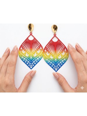 Fm Kolleksiyon - Gökkuşağı Gradyan Renkli Çelik Küpe - Lazer Kesim Filigran Desenli; Altın Kaplama Başlıklı Renkli Çelik Küpe - Kararmaz Lazer Kesim Büyük Boy 6 cm  Küpe