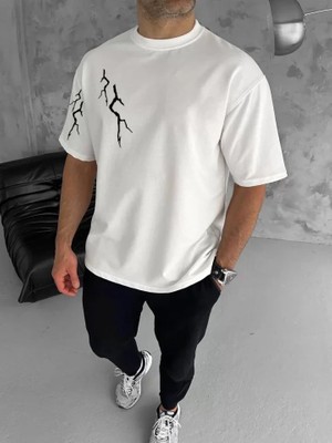 Stores36 Unisex Bisiklet Yaka Baskılı Oversize T-Shirt - Beyaz