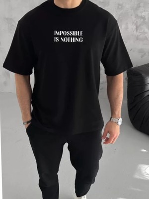 Stores36 Unisex Bisiklet Yaka Baskılı Oversize T-Shirt - Siyah