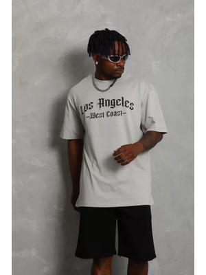 Stores36 Unisex Oversize Baskılı Bisiklet Yaka T-Shirt - Gri