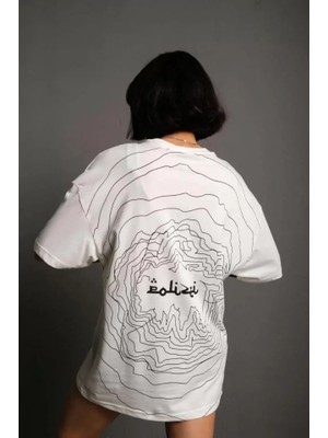 Stores36 Bisiklet Yakalı Sırt Baskılı Oversize T-Shirt - Beyaz