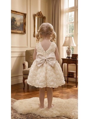 Bes Trend Kız Çocuk Elbise Güllü Çift Fiyonklu Party Balo Özel Gün Elbise