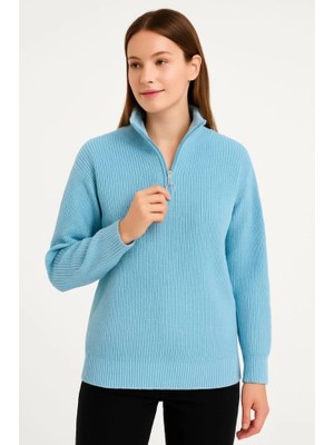 Stores36 Kadın Yarım Fermuarlı Triko Kazak – Selanik Örgü, Dik Yaka, Pamuklu Dokuma, Oversize Uzun Kollu Kışlık Model - Bebe Mavisi