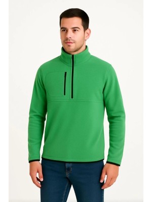 Stores36 Erkek Polar Kazak – Dik Yaka, Yarım Fermuarlı, Fermuarlı Göğüs Cepli, Siyah Biyeli, Kışlık Rahat Regular Fit Günlük Model - Yeşil