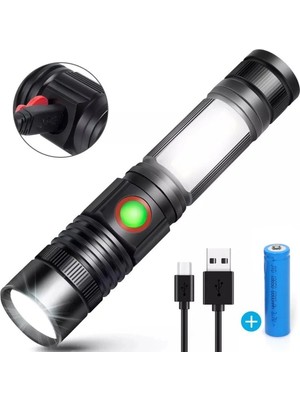 Pazarcan P50 LED Şarjlı El Feneri - Yüksek Güçlü Metal Kamp Lambası