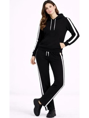 Stores36 Kadın Yandan Şeritli Eşofman Takım Kapüşonlu Sweatshirt Boru Paça Alt, Oversize 3 Iplik Pamuklu - Siyah