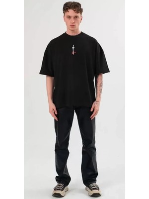 Stores36 Unisex Bisiklet Yaka Baskılı Oversize T-Shirt - Siyah