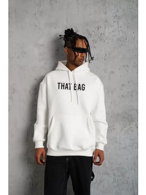 Stores36 Erkek Kanguru Cep Baskılı Kapüşonlu Sweatshirt - Beyaz