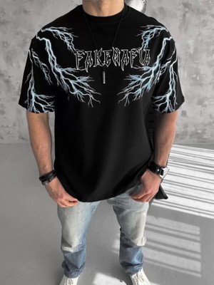 Stores36 Unisex Bisiklet Yaka Baskılı Oversize T-Shirt-Siyah