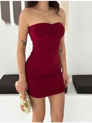 Antakya Yöresi Drapeli Straplez Mini Elbise Esnek Kumaş Vücuda Oturan Gece Elbisesi - Bordo