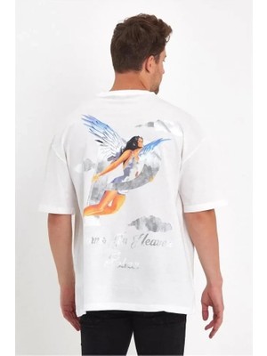 Stores36 Erkek Melek Baskılı Oversize T-Shirt - Beyaz