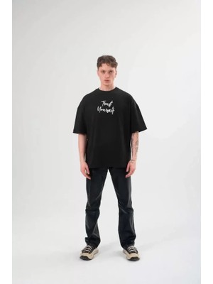 Stores36 Unisex Bisiklet Yaka Baskılı Oversize T-Shirt - Siyah