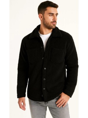Stores36 Erkek Pelüş Polar Hırka Gömlek – Yakalı, Ilik Düğmeli, Göğüs Cepli, Yumuşak Dokulu Kışlık Regular Fit Rahat Günlük Model - Siyah