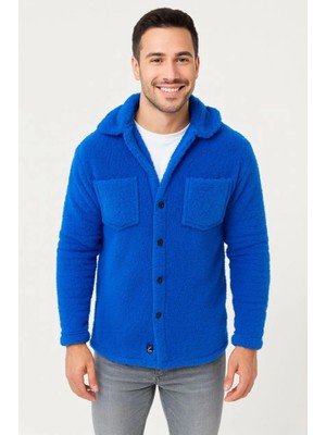 Stores36 Erkek Pelüş Polar Hırka Gömlek – Yakalı, Ilik Düğmeli, Göğüs Cepli, Yumuşak Dokulu Kışlık Regular Fit Rahat Günlük Model - Saks Mavisi