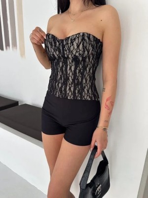 Antakya Yöresi Fermuarlı Dantel Korse Straplez Bustiyer Transparan Şık Top - Bej