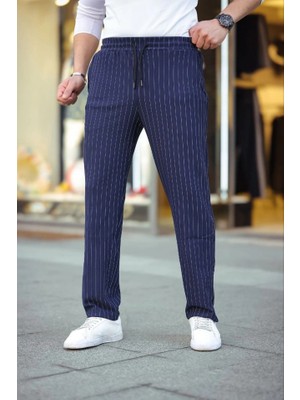 Stores36 Erkek Cizgili Dokuma Krep Jogger Buggy Pantalon Rahat Kalıp - Lacivert