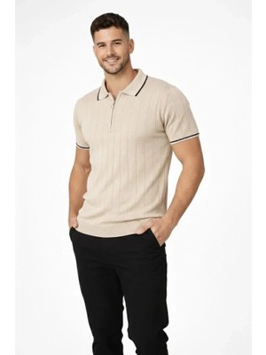 Stores36 Erkek Fermuarlı Yaka Fitilli Triko Kısa Kollu Regular Fit Tişört T-Shirt - Bej