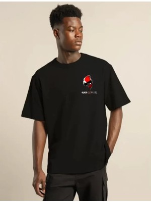 Stores36 Unisex Bisiklet Yaka Baskılı Oversize T-Shirt - Siyah