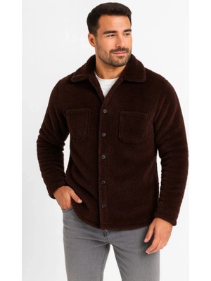 Stores36 Erkek Pelüş Polar Hırka Gömlek – Yakalı, Ilik Düğmeli, Göğüs Cepli, Yumuşak Dokulu Kışlık Regular Fit Rahat Günlük Model - Kahverengi