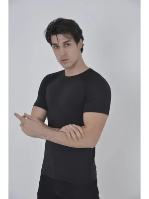 Stores36 Erkek Omuz Fileli Slim Fit T-Shirt - Siyah