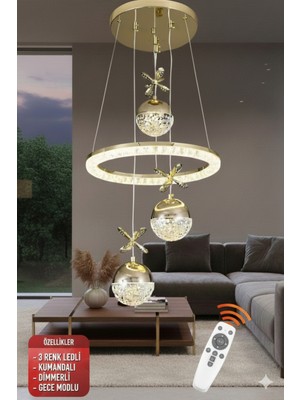 St Aydınlatma Heidi Gold Kaplamalı Lüks Tasarım Kumandalı Dimmerli LED Avize